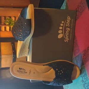 Spring Step Estella wedge sandals black leather Women's 9 EURO 40 NEW NWB Nice